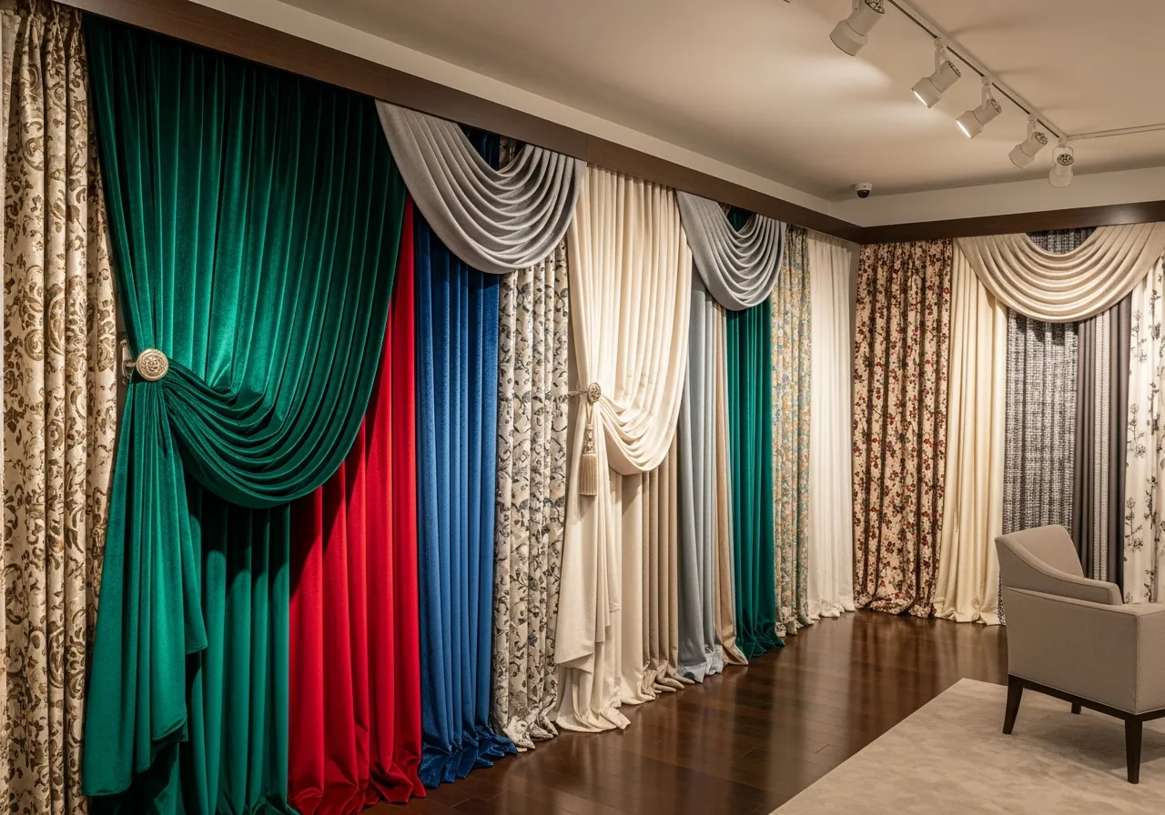 Beautiful curtain display showcasing various fabric textures and colors